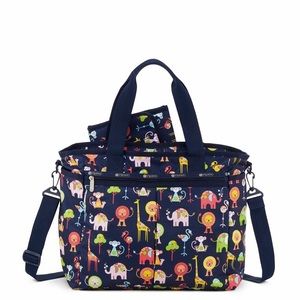 Lesportsac diaper bag/  Navy Tote with Colorful Animal Print